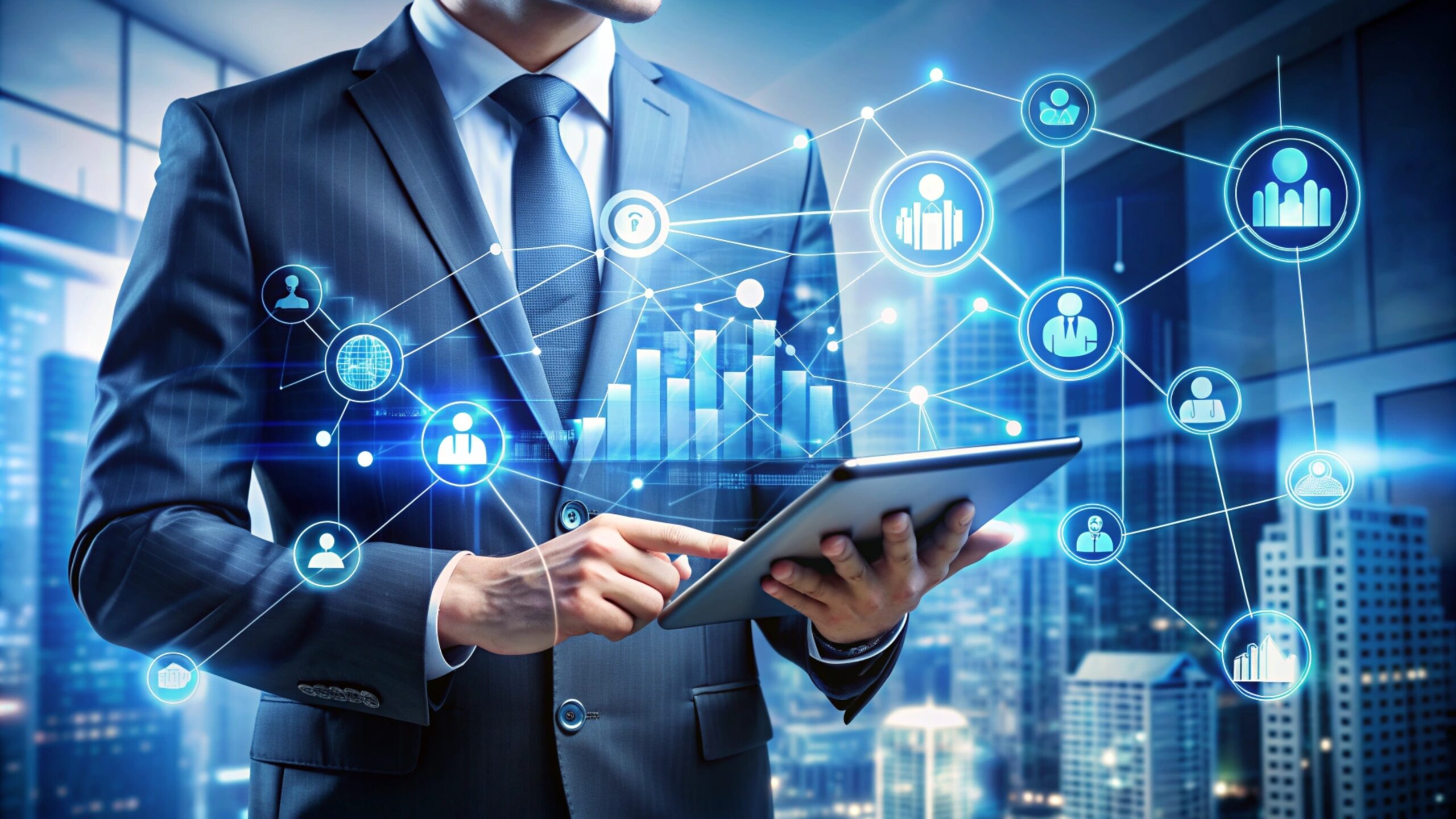 Businessman using tablet with network icons.